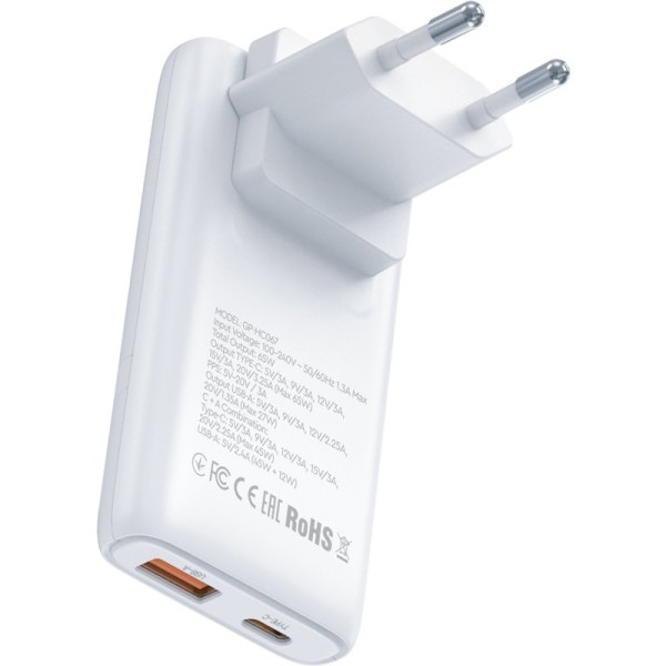 Фото - Мережевий зарядний пристрій Gelius VoltX GP-HC067 GaN 65W 1USB + 1Type-C White (101284)