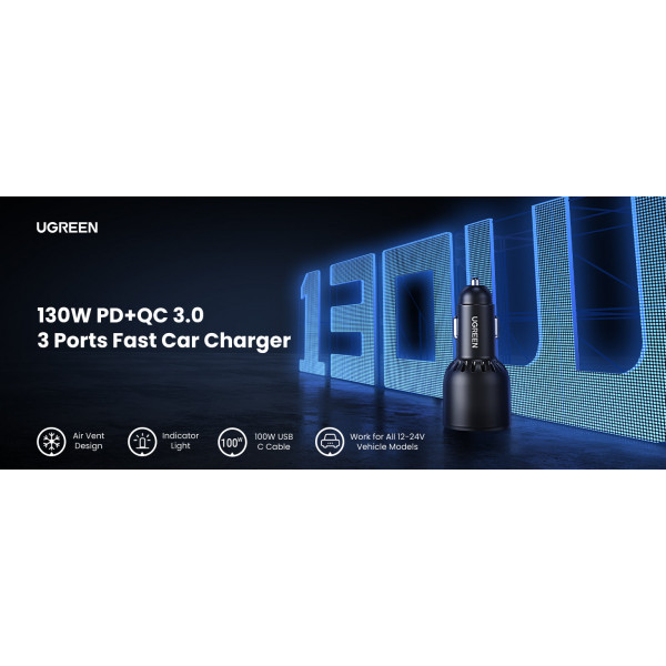 Фото - Автомобільний зарядний пристрій UGREEN 3xUSB 130W (2xUSB-C+USB-A) QC 3.0 Black (EC705) (35025)