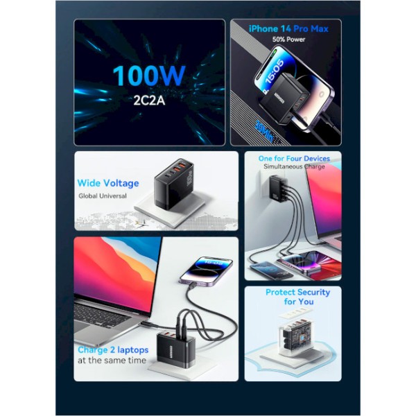 Фото - Мережевий зарядний пристрій Essager Grace 100W 4 Ports Travel Charger 2 Type-C 2 Type-A (ECT2CA-QYB01-Z)