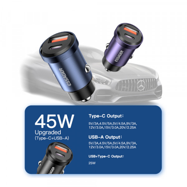Фото - Автомобільний зарядний пристрій Essager Gyroscope Mini 45W Car Charger USB-A + Type-C Blue (ECCAC45-TL03-Z)