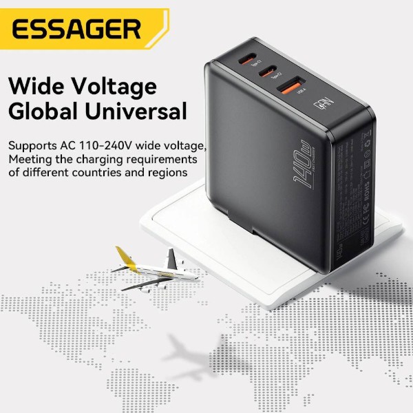 Фото - Сетевое зарядное устройство Essager Advance 140W GaN Travel Charger 2C+A EU (ECT2CA-ZCB01-Z)