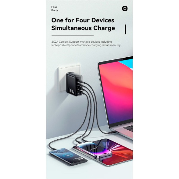 Фото - Мережевий зарядний пристрій Essager Grace 100W 4 Ports Travel Charger 2 Type-C 2 Type-A (ECT2CA-QYB01-Z)
