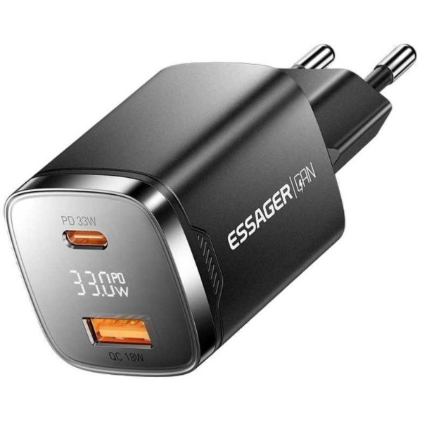 Фото - Мережевий зарядний пристрій Essager Gamet 33W GaN digital display A+C Black (ECT33W-GMB01-Z)