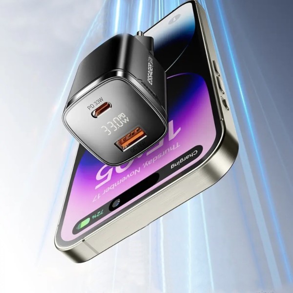 Фото - Мережевий зарядний пристрій Essager Gamet 33W GaN digital display A+C Black (ECT33W-GMB01-Z)