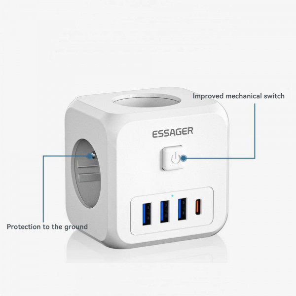 Фото - Мережевий зарядний пристрій Essager Magic Cube 7 in 1 Wall Socket 3 sockets 3 USB-A 1 Type-c (ECTAC-MFB02-Z)