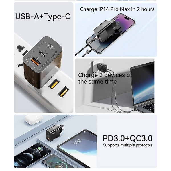 Фото - Сетевое зарядное устройство Essager Pinchen 33W Travel Phone Charger USB A + TYPE C EU  (ECTAC-PCB01-P)