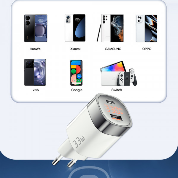 Фото - Мережевий зарядний пристрій Essager 33W GaN Digital Display Travel Charger A+C EU White (ECTCA-LYB02-Z)