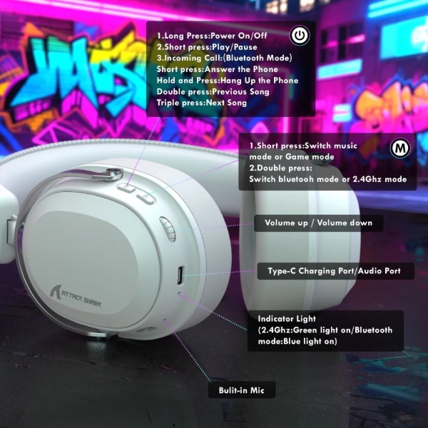Фото - Гарнітура бездротова ігрова Attack Shark L30PRO Wireless, 2.4GHz/Bluetooth/3.5mm AUX/AUX-to-Type-C, White (L30PROW_AS)