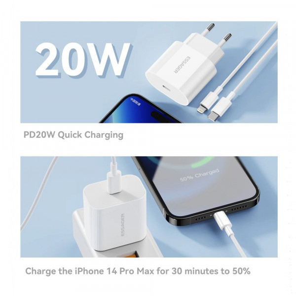 Фото - Мережевий зарядний пристрій Essager Vanjane Travel Phone Charger Set PD20W with PD 20 Type C to Lightning EU (EFJB02-XBL02-T)
