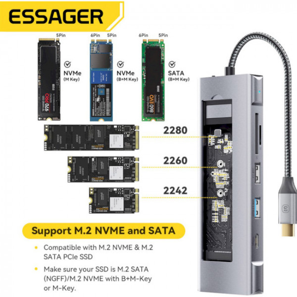 Фото - Хаб USB Essager QK The Universe 8 in 1 Laptop USB C HUB Grey (EHB08-QK0G-Z)