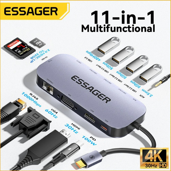 Фото - Хаб USB Essager 11in1 USB3.2 Gen USB 2.0 HDMI VGA Type-c RJ45 SD TF (EHB11-FQ0G-Z)