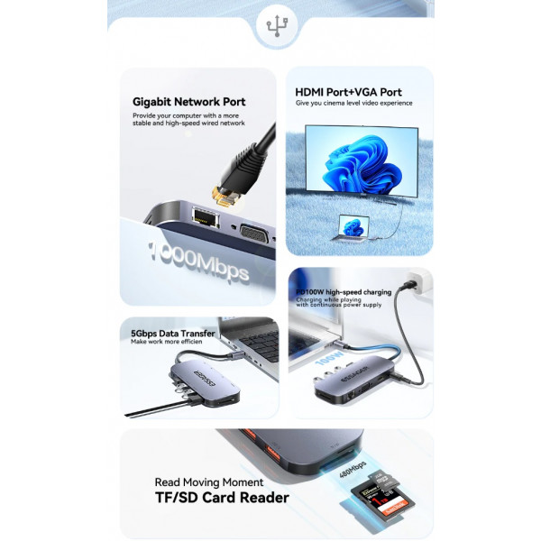 Фото - Хаб USB Essager 11in1 USB3.2 Gen USB 2.0 HDMI VGA Type-c RJ45 SD TF (EHB11-FQ0G-Z)