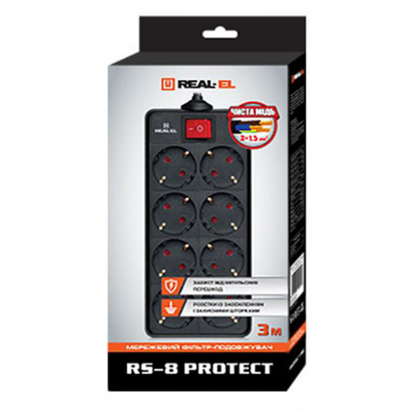 Фото - Уцінка - Мережевий фільтр REAL-EL RS-8 Protect 3.0m Black (EL122300022)