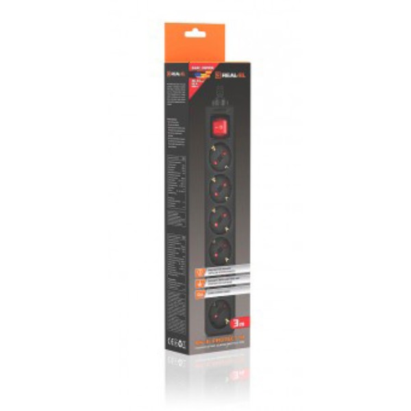 Фото - Сетевой фильтр REAL-EL RS-6 Protect M 3m Black (EL122300034)