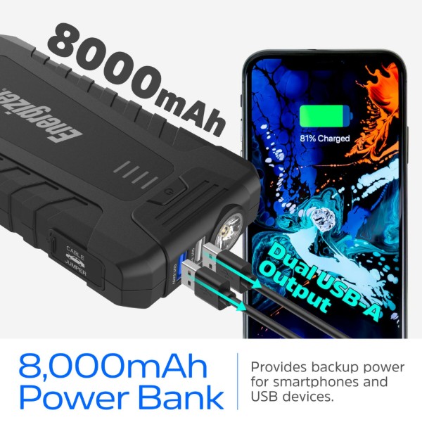 Фото - Пускозарядний пристрій Energizer Jump Starter 8000mAh, 1200А, 2xUSB-A, USB-C, ліхтар (JE8000)