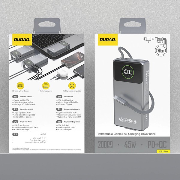 Фото - Батарея мобільна Dudao 20000mAh K31 Pro 45W PD,QC USB-A,USB-C In/Out,with built-in USB-C/Lightning cables Gray (6977196682010)