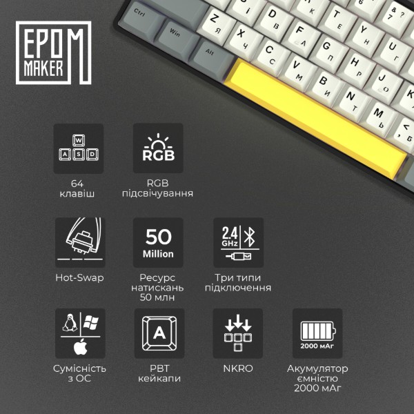 Фото - Клавіатура бездротова ігрова EPOMAKER EP64 Mulan Switch Hot-Swap RGB Black (EP64-B-M)
