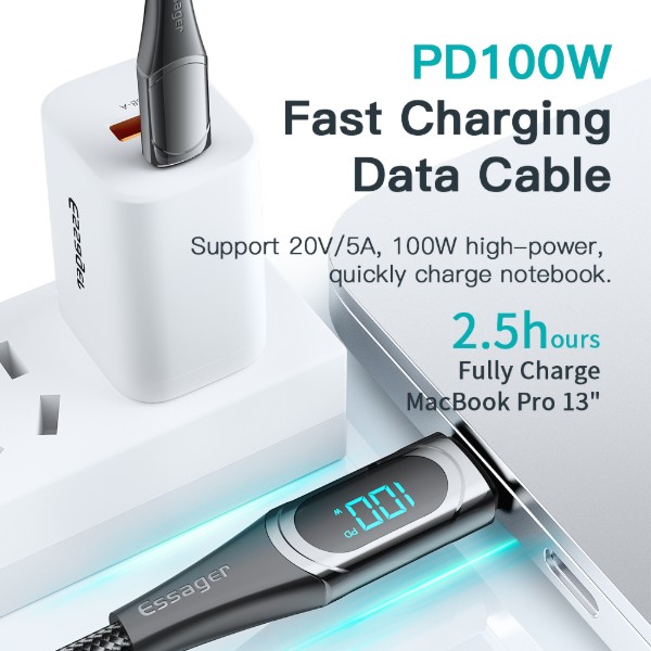 Фото - Кабель Essager LED Digital Display Fast Charging 100W USB Cable Type C to Type C  2m Black (ES-XCTT1-YDA01)