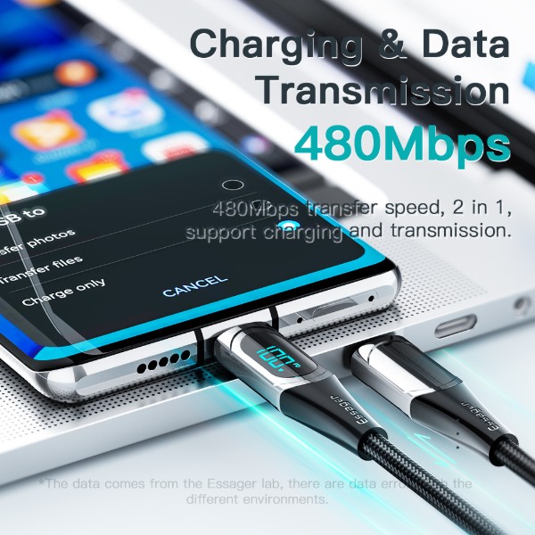 Фото - Кабель Essager LED Digital Display Fast Charging 100W USB Cable Type C to Type C  2m Black (ES-XCTT1-YDA01)