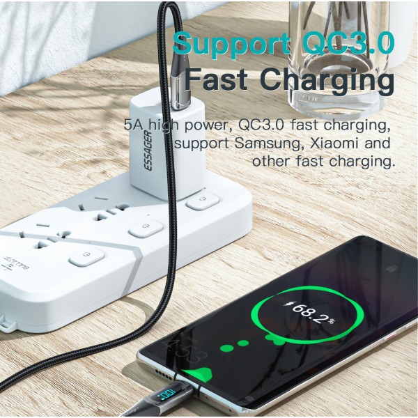 Фото - Кабель Essager LED Digital Display Fast Charging 100W USB Cable Type C to Type C  2m Black (ES-XCTT1-YDA01)