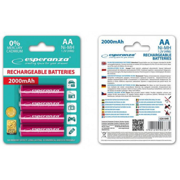 Фото - Акумулятор тип AA Esperanza Ni-MH AA 2000 mAh 4шт Red (EZA104R)