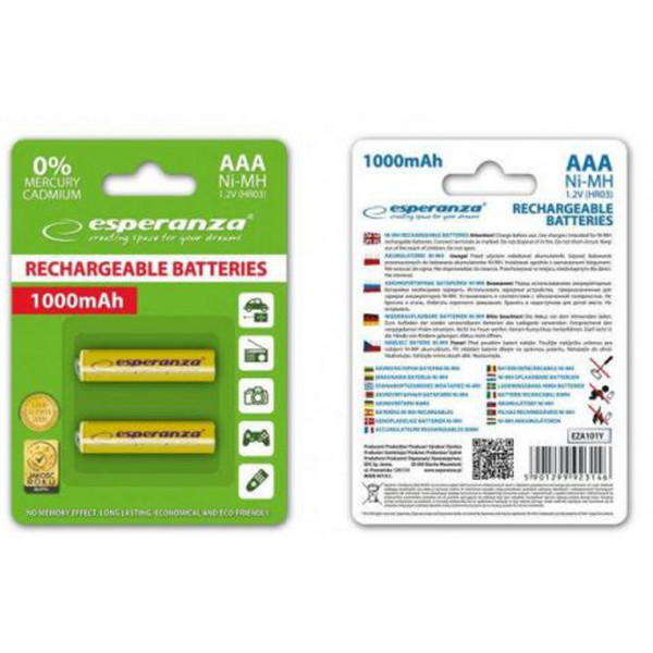 Фото - Акумулятор тип AAA Esperanza Ni-MH AAA 1000 mAh 2шт Yellow (EZA101Y)