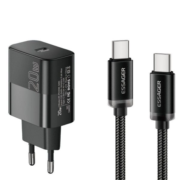 Фото - Мережевий зарядний пристрій Essager 20W QC PD USB-C + C-C 60W USB CABLE Black (E20JSB1-SYTT1-T)