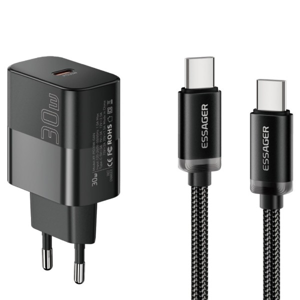 Фото - Сетевое зарядное устройство Essager 30w EU Single type-c QC PD + 60w c-c cable Black (E30JSB1-SYTT1-T)