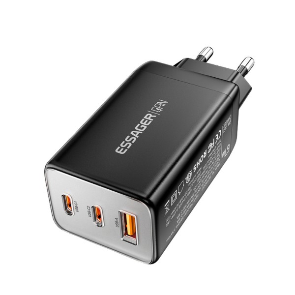 Фото - Мережевий зарядний пристрій Essager Ranges 67W GaN charger 2C+1A QC4.0 FCP PD Black(ECT67W-LJB01-Z)