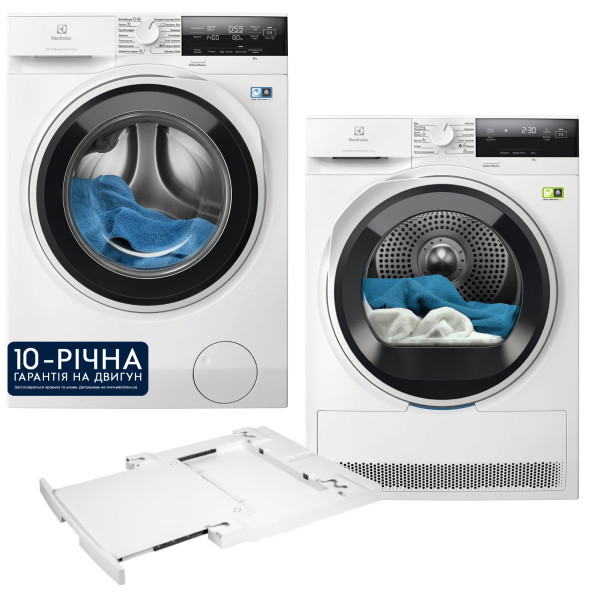 Фото - Комплект техніки Electrolux Пральна машина з фронтальним завантаженням + Сушильна машина + Комплект кріплень для встановлення в колону Electrolux EW7F3414U + EW7D394U + E1WYHSK2