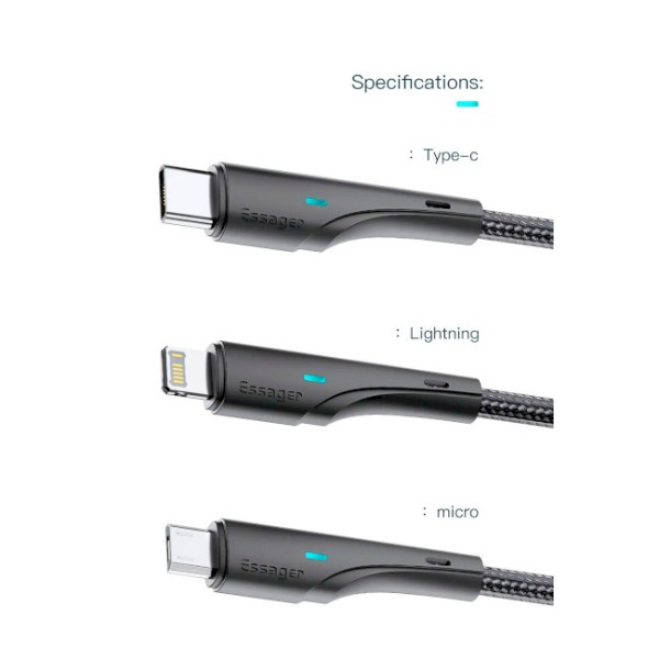 Фото - Кабель Essager Rousseau 3A Fast Charging USB Lightning Cable 2m Black (EXCL-LSA01)