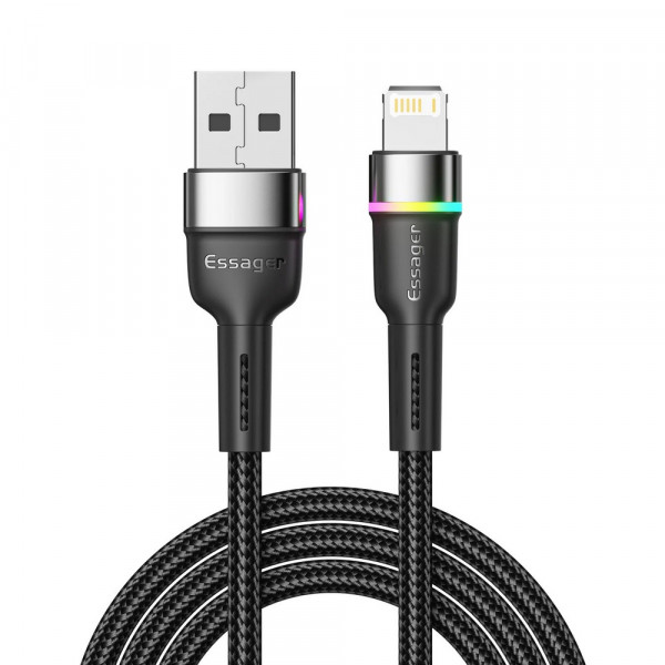 Фото - Кабель синхронізації даних Essager Colorful LED USB Cable Fast Charging 2.4A USB-A to Lightning 1m Black (EXCL-XCD01)