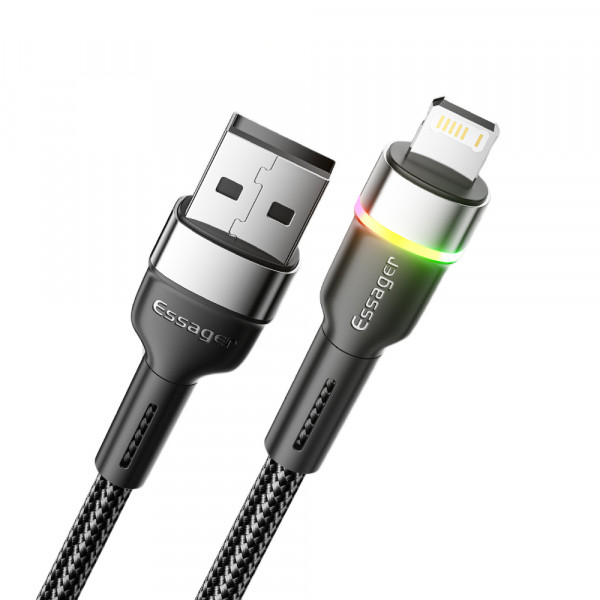 Фото - Кабель синхронізації даних Essager Colorful LED USB Cable Fast Charging 2.4A USB-A to Lightning 1m Black (EXCL-XCD01)