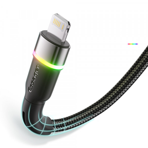 Фото - Кабель синхронізації даних Essager Colorful LED USB Cable Fast Charging 2.4A USB-A to Lightning 1m Black (EXCL-XCD01)