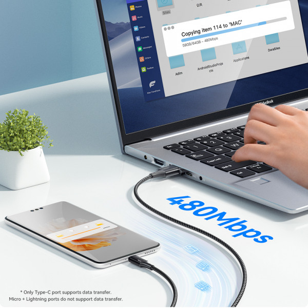 Фото - Кабель Essager Simple 3 in 1 Micro+Type-c+Lightning 100W USB Cable 1.2M (EXCMTL-JJ01-P)