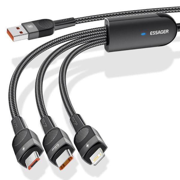 Фото - Кабель Essager Swift 3-in-1 USB Cable 66W Micro+ Type C + Lightning 1.2m Black (EXCMTL-XJ01)