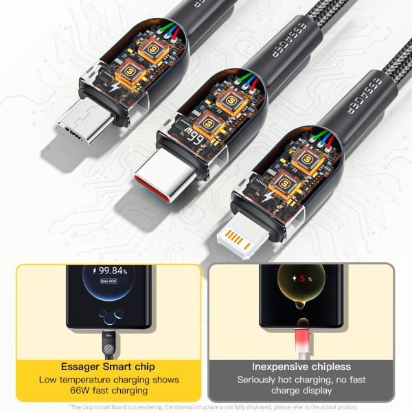 Фото - Кабель Essager Swift 3-in-1 USB Cable 66W Micro+ Type C + Lightning 1.2m Black (EXCMTL-XJ01)