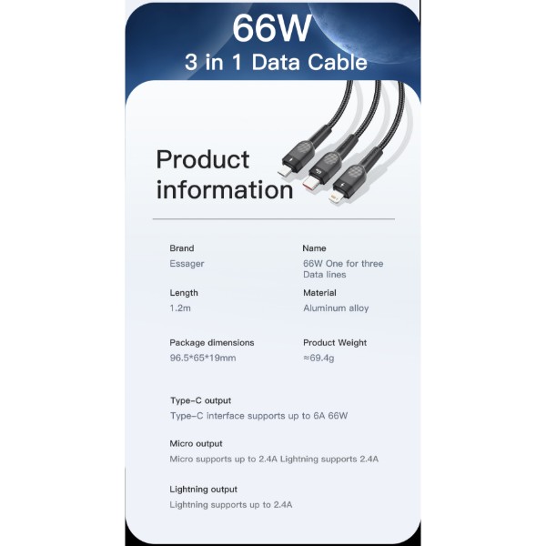 Фото - Кабель Essager Swift 3-in-1 USB Cable 66W Micro+ Type C + Lightning 1.2m Black (EXCMTL-XJ01)