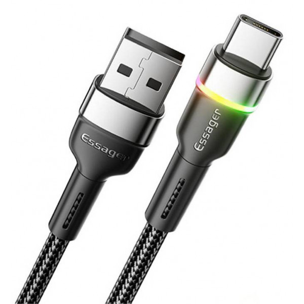 Фото - Кабель синхронізації даних Essager Colorful LED USB Cable Fast Charging 3A USB-A to Type C 0.5m Black (EXCT-XCDB01)