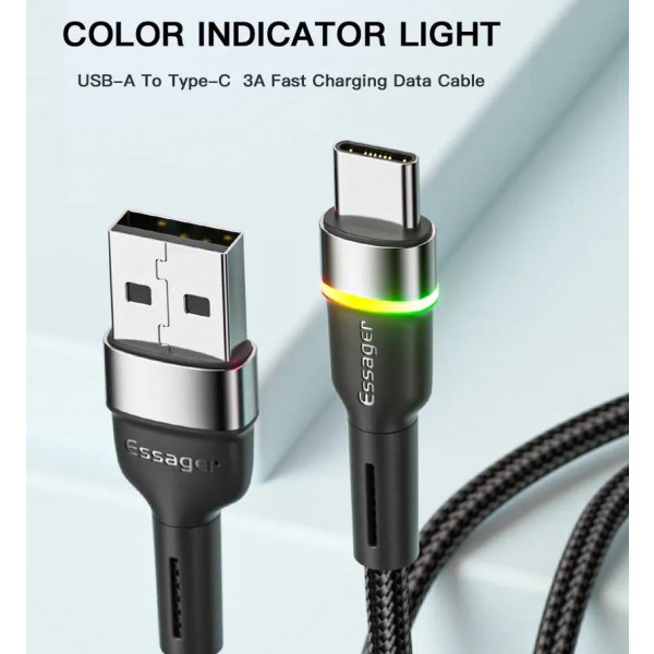Фото - Кабель синхронізації даних Essager Colorful LED USB Cable Fast Charging 3A USB-A to Type C 0.5m Black (EXCT-XCDB01)