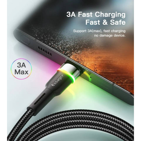 Фото - Кабель синхронізації даних Essager Colorful LED USB Cable Fast Charging 3A USB-A to Type C 0.5m Black (EXCT-XCDB01)