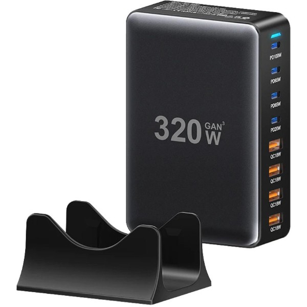 Фото - Мережевий зарядний пристрій Essager Engine 320W GaN table charge 4C+4A Black (EZC320W-QJB0G-Z)