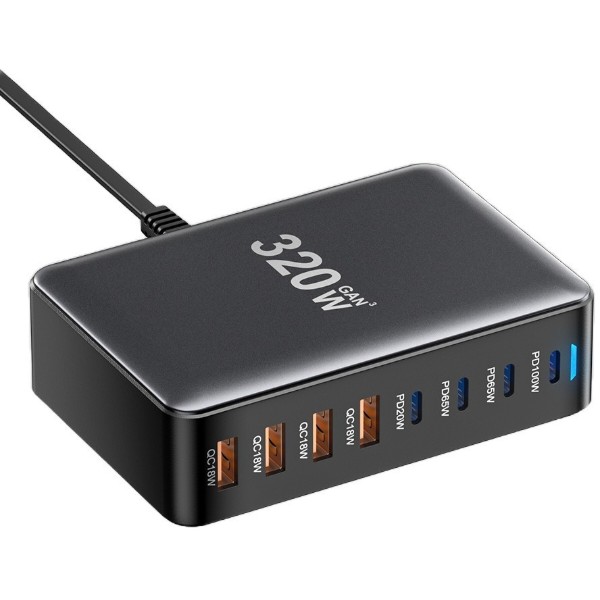 Фото - Мережевий зарядний пристрій Essager Engine 320W GaN table charge 4C+4A Black (EZC320W-QJB0G-Z)