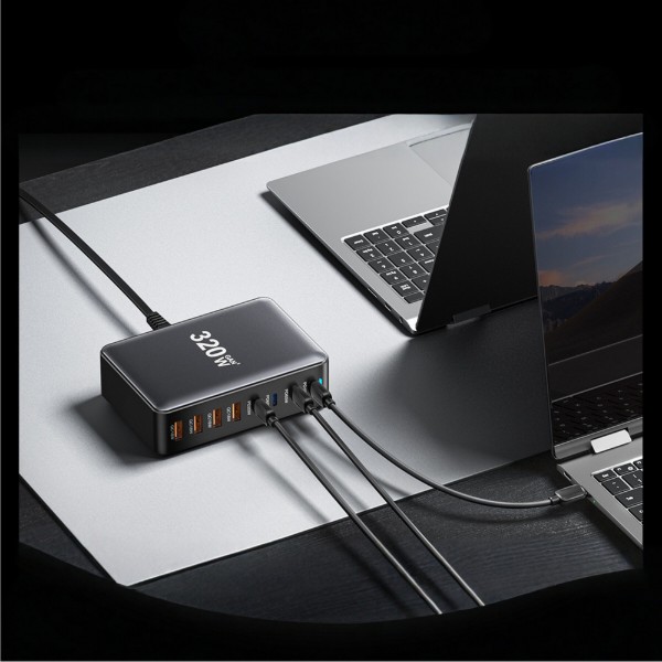 Фото - Мережевий зарядний пристрій Essager Engine 320W GaN table charge 4C+4A Black (EZC320W-QJB0G-Z)