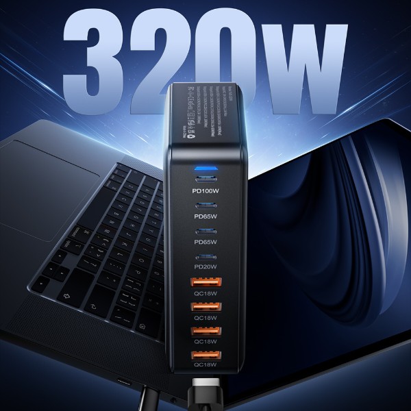 Фото - Мережевий зарядний пристрій Essager Engine 320W GaN table charge 4C+4A Black (EZC320W-QJB0G-Z)