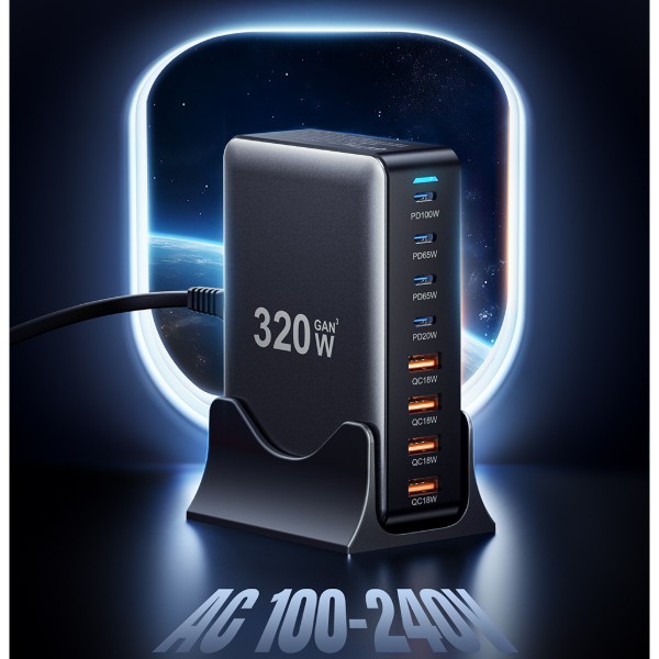 Фото - Мережевий зарядний пристрій Essager Engine 320W GaN table charge 4C+4A Black (EZC320W-QJB0G-Z)