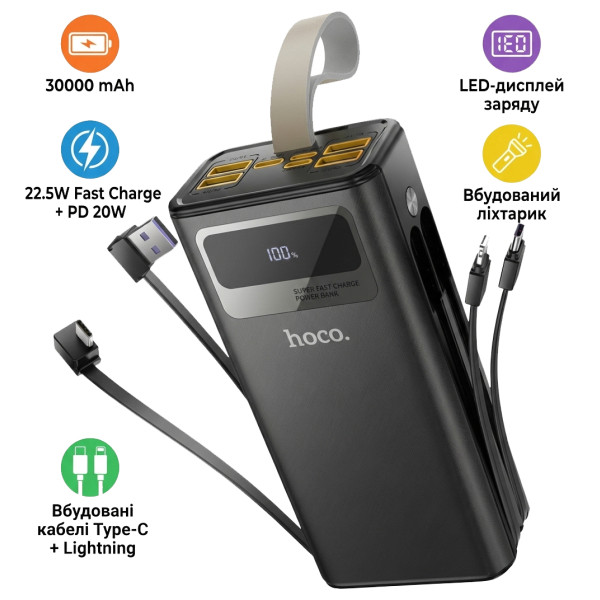 Фото - Батарея мобільна HOCO DB58 Plentiful 22.5W + вбудовані кабелі + LED 30000 mAh Black (715030)