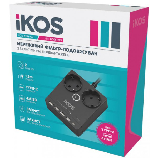 Фото - Сетевой фильтр Ikos F25S-CU Black (0006-CEF)