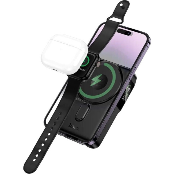 Фото - Батарея мобильная HOCO Q48 Core PD20W Magnetic з каб. Type-C + Lightning и подставкой 10000 mAh Black (715108)