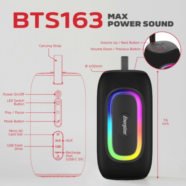 Фото - Портативная акустика Energizer 16Вт Bluetooth Black (BTS163)